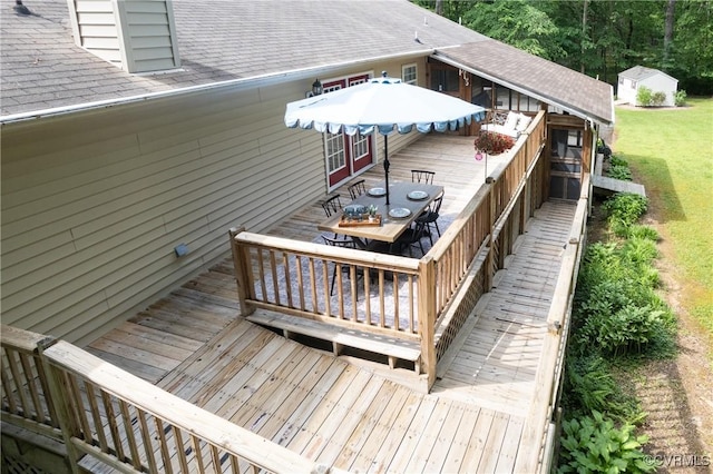 12727 Lodore Rd, Amelia Courthouse, VA 23002 - wooden terrace with outdoor dining area and a lawn
