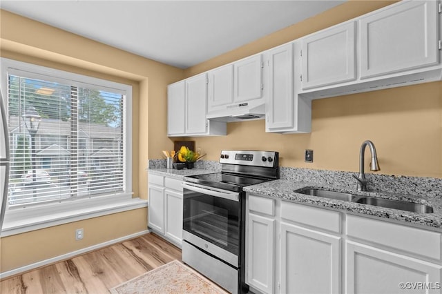 kitchen with stainless steel electric stove, a sink, under cabinet range hood, light wood-style floors, and white cabinetry