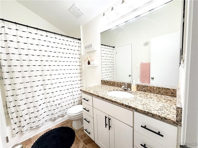 full bathroom featuring toilet, lofted ceiling, vanity, and shower / bath combination with curtain