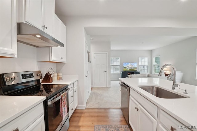 kitchen with appliances with stainless steel finishes, a sink, under cabinet range hood, open floor plan, and light wood finished floors
