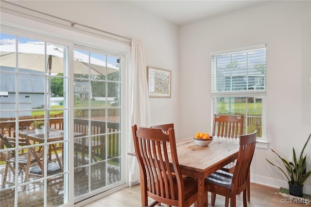 dining room featuring light wood finished floors and baseboards