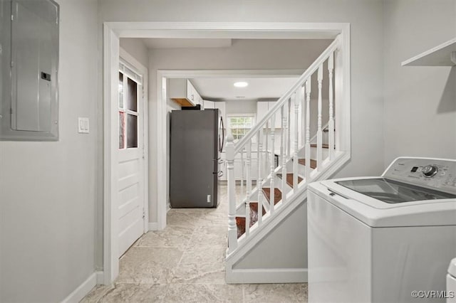 201 W Roanoke St, Ridgeway, VA 23225 - laundry room featuring washer / dryer, electric panel, and baseboards