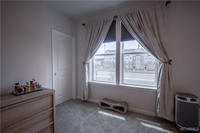 bedroom with multiple windows, carpet floors, and baseboards