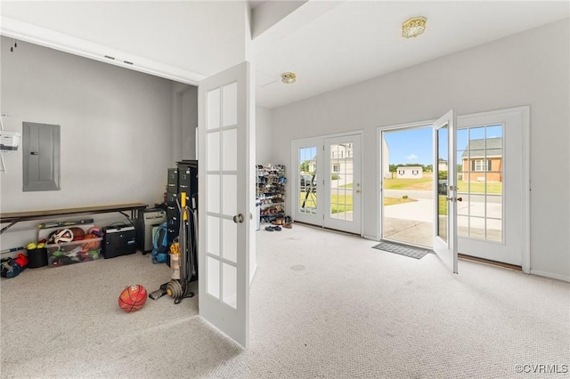 doorway with french doors, electric panel, carpet floors, and plenty of natural light