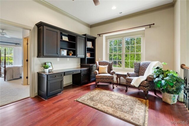 6306 Thistledew Mews, Moseley, VA 23120 - living area with a ceiling fan, plenty of natural light, crown molding, and dark wood-style floors