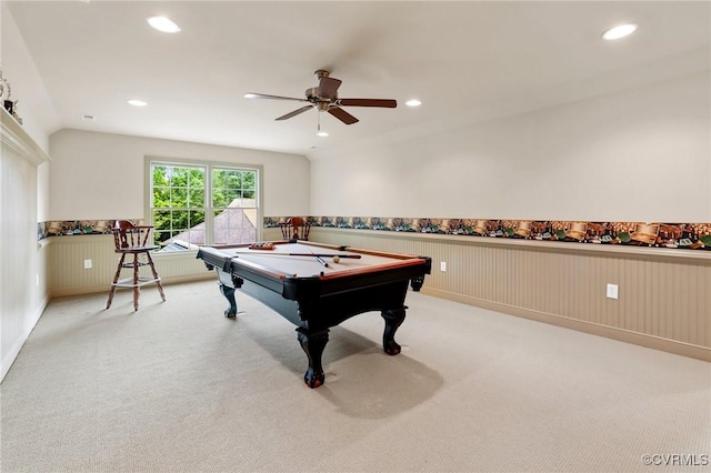 6306 Thistledew Mews, Moseley, VA 23120 - game room with a wainscoted wall, light carpet, a ceiling fan, pool table, and recessed lighting