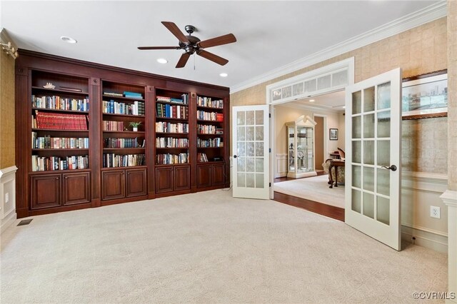 6306 Thistledew Mews, Moseley, VA 23120 - unfurnished room featuring french doors, ornamental molding, a ceiling fan, carpet floors, and recessed lighting