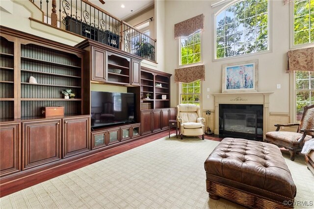 6306 Thistledew Mews, Moseley, VA 23120 - living room featuring a high ceiling and a glass covered fireplace