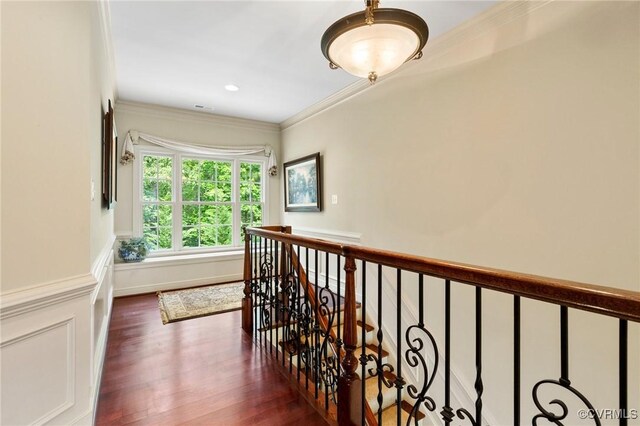 6306 Thistledew Mews, Moseley, VA 23120 - hallway featuring an upstairs landing, dark wood-type flooring, ornamental molding, and recessed lighting