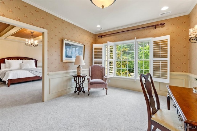 6306 Thistledew Mews, Moseley, VA 23120 - office area featuring a wainscoted wall, crown molding, a chandelier, wallpapered walls, and carpet flooring