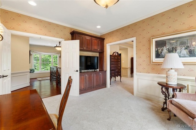 6306 Thistledew Mews, Moseley, VA 23120 - home office with ornamental molding, a wainscoted wall, wallpapered walls, light colored carpet, and recessed lighting