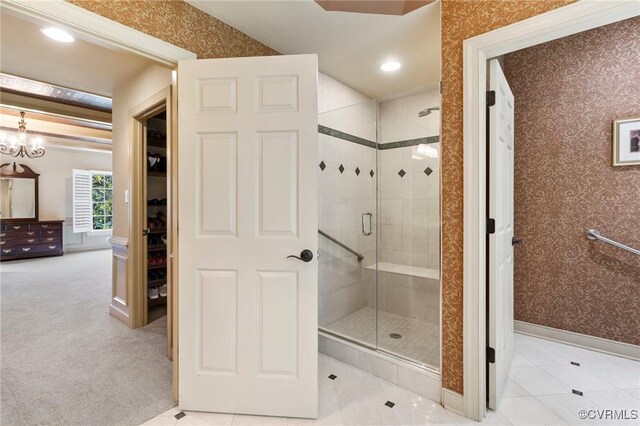 6306 Thistledew Mews, Moseley, VA 23120 - bathroom with a stall shower, baseboards, recessed lighting, wallpapered walls, and tile patterned floors