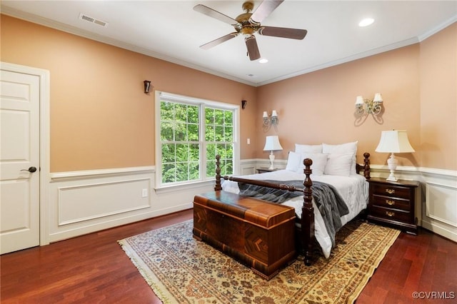 6306 Thistledew Mews, Moseley, VA 23120 - bedroom with a wainscoted wall, dark wood-style floors, ornamental molding, and ceiling fan
