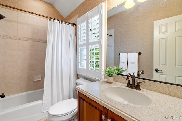 6306 Thistledew Mews, Moseley, VA 23120 - bathroom featuring toilet, vanity, shower / bath combination with curtain, and vaulted ceiling
