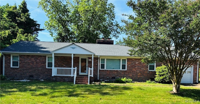 724 Milton Dr, Hampton, VA 23666 - ranch-style house with a chimney, brick siding, covered porch, and a front lawn