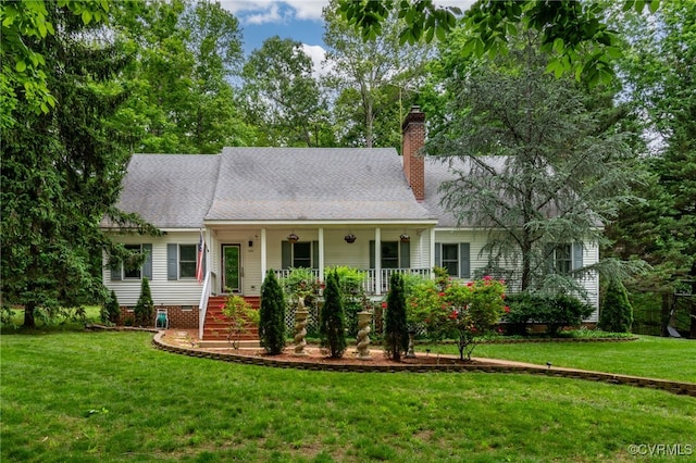 9865 Knobs Hill Ln, Amelia, VA 23002 - view of front of home with a chimney, a porch, a front lawn, and roof with shingles