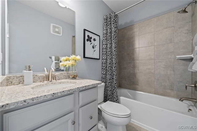 full bath with toilet, shower / bath combination with curtain, and vanity