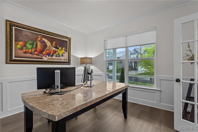 9975 Honeybee Dr, Mechanicsville, VA 23116 - office space featuring crown molding, a decorative wall, a wainscoted wall, and dark wood-style flooring