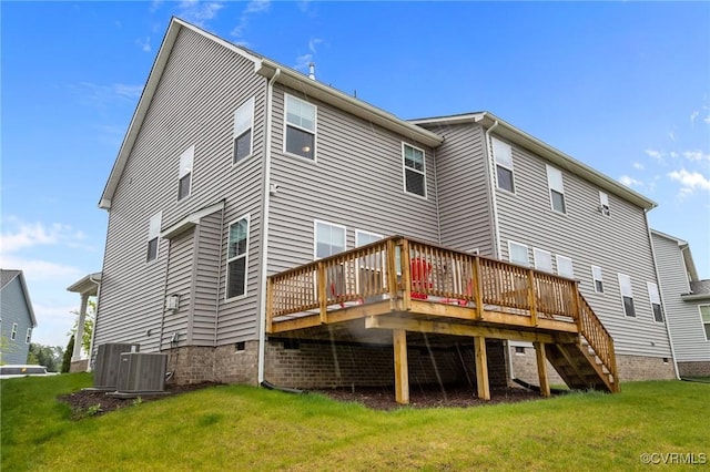 9975 Honeybee Dr, Mechanicsville, VA 23116 - rear view of property featuring crawl space, a wooden deck, a lawn, and cooling unit