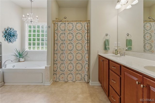 10335 Deerlake Dr, New Kent, VA 23124 - full bathroom with a chandelier, double vanity, a garden tub, and a shower with shower curtain