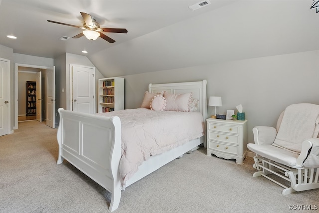 10335 Deerlake Dr, New Kent, VA 23124 - bedroom featuring light colored carpet, recessed lighting, vaulted ceiling, ceiling fan, and baseboards