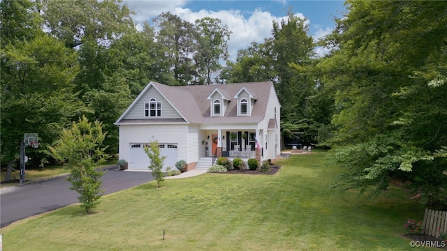 10335 Deerlake Dr, New Kent, VA 23124 - new england style home with a porch, asphalt driveway, a front yard, and a garage