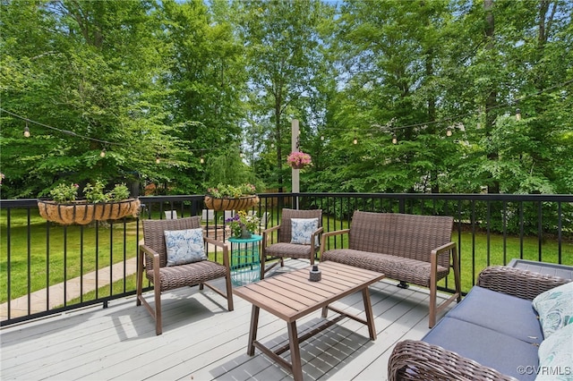 10335 Deerlake Dr, New Kent, VA 23124 - wooden terrace with an outdoor living space and view of wooded area