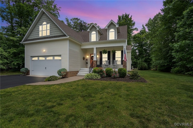 10335 Deerlake Dr, New Kent, VA 23124 - view of front of home featuring a porch, driveway, a lawn, a garage, and roof with shingles