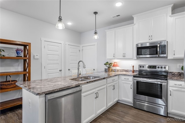 5301 Old Main St Unit A, Henrico, VA 23231 - kitchen with stainless steel appliances, a sink, a peninsula, dark wood-style floors, and recessed lighting