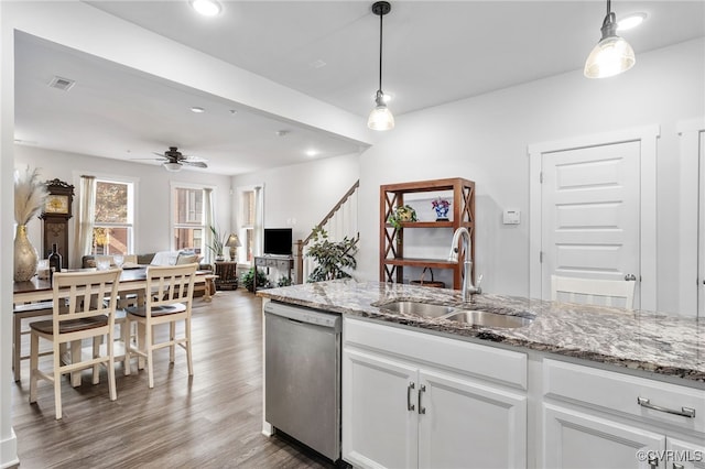 5301 Old Main St Unit A, Henrico, VA 23231 - kitchen with stainless steel dishwasher, a sink, ceiling fan, white cabinets, and dark wood finished floors