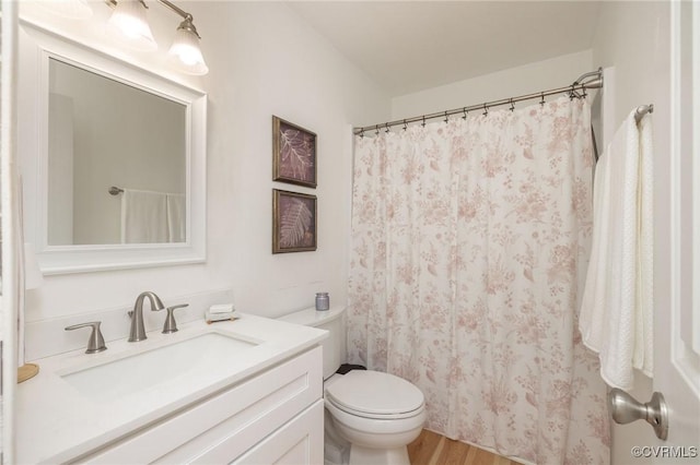 9830 Knobs Hill Ln, Amelia Courthouse, VA 23002 - bathroom featuring wood finished floors, toilet, vanity, and a shower with curtain