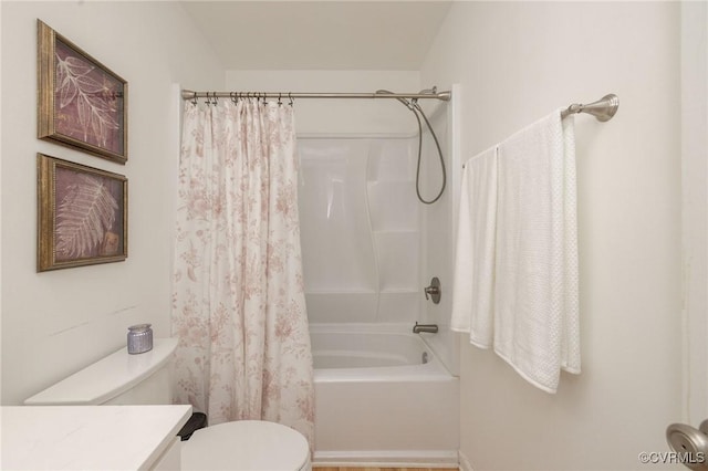 9830 Knobs Hill Ln, Amelia Courthouse, VA 23002 - bathroom with toilet, vanity, and shower / bath combination with curtain