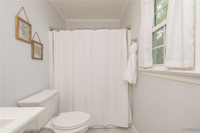 9830 Knobs Hill Ln, Amelia Courthouse, VA 23002 - bathroom with ornamental molding, toilet, and a shower with curtain