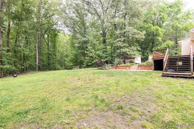 9830 Knobs Hill Ln, Amelia Courthouse, VA 23002 - view of grassy yard with a deck and stairway