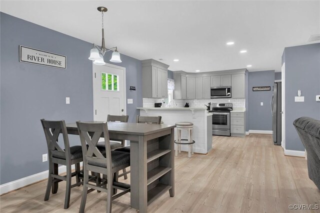 686 Shore Dr, Hartfield, VA 23071 - kitchen featuring appliances with stainless steel finishes, gray cabinets, a peninsula, decorative backsplash, and light countertops
