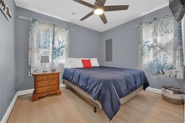 686 Shore Dr, Hartfield, VA 23071 - bedroom with wood finished floors, baseboards, a ceiling fan, and electric panel