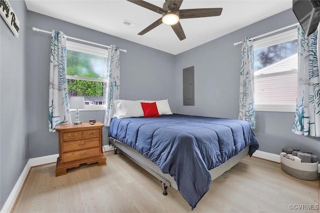 686 Shore Dr, Hartfield, VA 23071 - bedroom featuring wood finished floors, baseboards, a ceiling fan, and electric panel