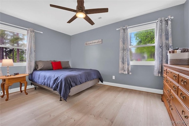 686 Shore Dr, Hartfield, VA 23071 - bedroom with light wood-type flooring, baseboards, and ceiling fan