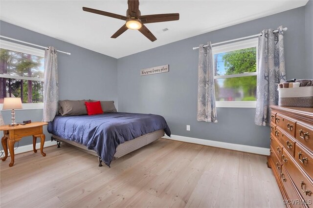 686 Shore Dr, Hartfield, VA 23071 - bedroom with light wood-style floors, baseboards, and a ceiling fan