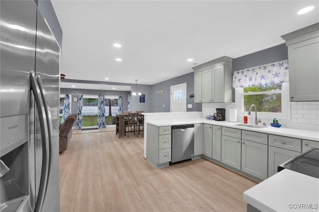 686 Shore Dr, Hartfield, VA 23071 - kitchen with stainless steel appliances, a sink, gray cabinets, decorative backsplash, and recessed lighting