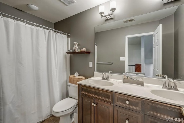 full bathroom with double vanity, toilet, tile patterned floors, and a shower with shower curtain