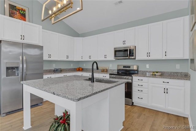 926 Old Saint Johns Rd, Irvington, VA 22480 - kitchen with appliances with stainless steel finishes, a sink, lofted ceiling, light wood finished floors, and white cabinets