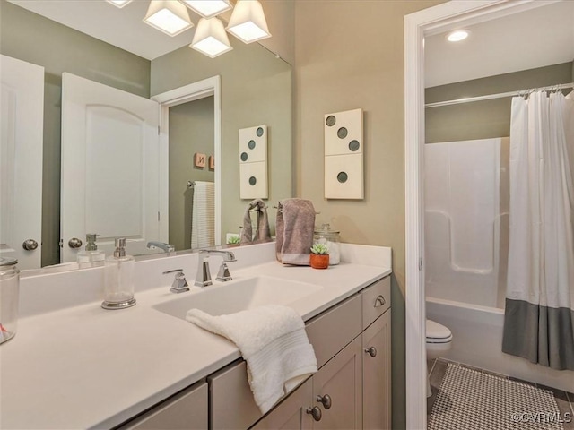 full bathroom with toilet, vanity, shower / tub combo with curtain, and tile patterned flooring