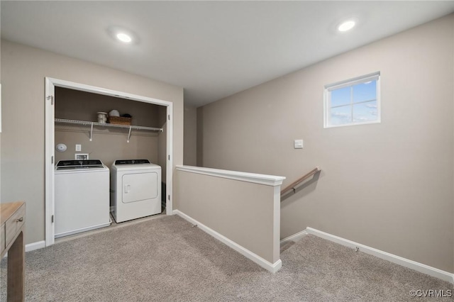 5916 Banyan Ln, Chesterfield, VA 23234 - clothes washing area featuring independent washer and dryer, baseboards, light carpet, and recessed lighting