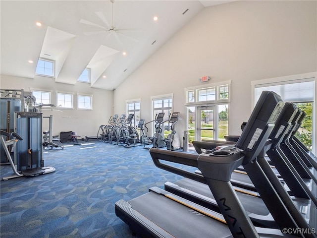 5912 Banyan Ln, Chesterfield, VA 23234 - gym featuring carpet floors, high vaulted ceiling, recessed lighting, and a ceiling fan