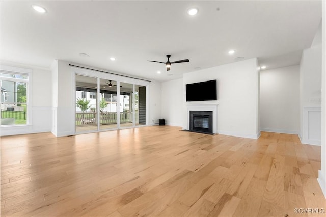 4660 Lake Summer Loop, Moseley, VA 23120 - unfurnished living room with ceiling fan, a fireplace with flush hearth, light wood finished floors, and recessed lighting