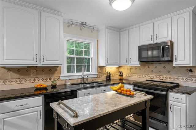 kitchen with electric range, a sink, dishwasher, and white cabinetry