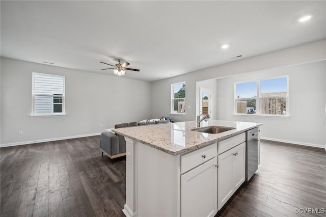 7013 Greenholm Pl, Chesterfield, VA 23234 - kitchen with a sink, stainless steel dishwasher, open floor plan, dark wood-type flooring, and recessed lighting