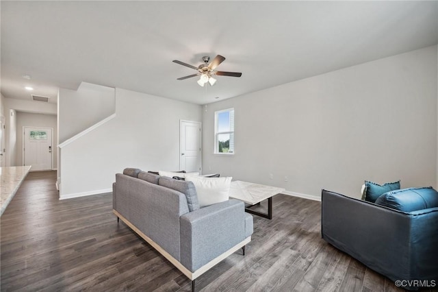 7013 Greenholm Pl, Chesterfield, VA 23234 - living room with a ceiling fan, dark wood-type flooring, and baseboards