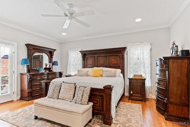 11216 Woodstock Heights Dr, Glen Allen, VA 23059 - bedroom featuring access to outside, light wood-style floors, recessed lighting, ornamental molding, and ceiling fan